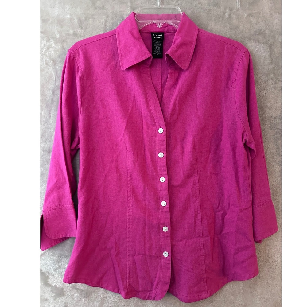 Robert Louis Fuchsia Pink Linen Blend Button Down Shirt 3/4 Sleeve Petite Small